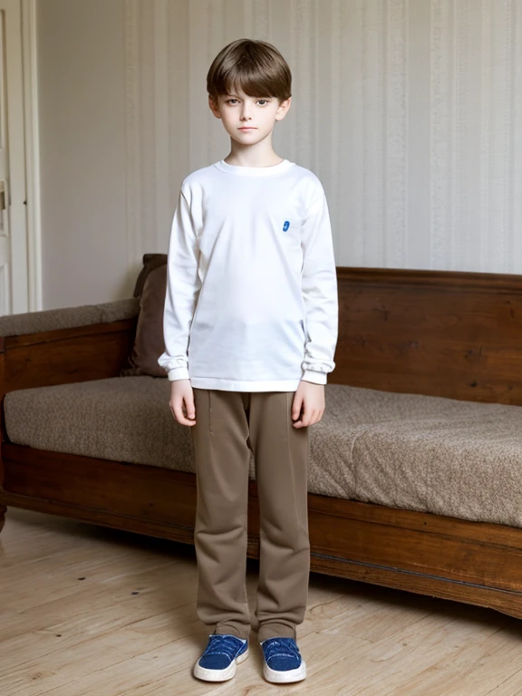 A beautiful and very tender with white skin, blue eyes, light brown hair, fine and serious features, very serious at home, full body, well-combed clothes, sad melancholic look without a smile.