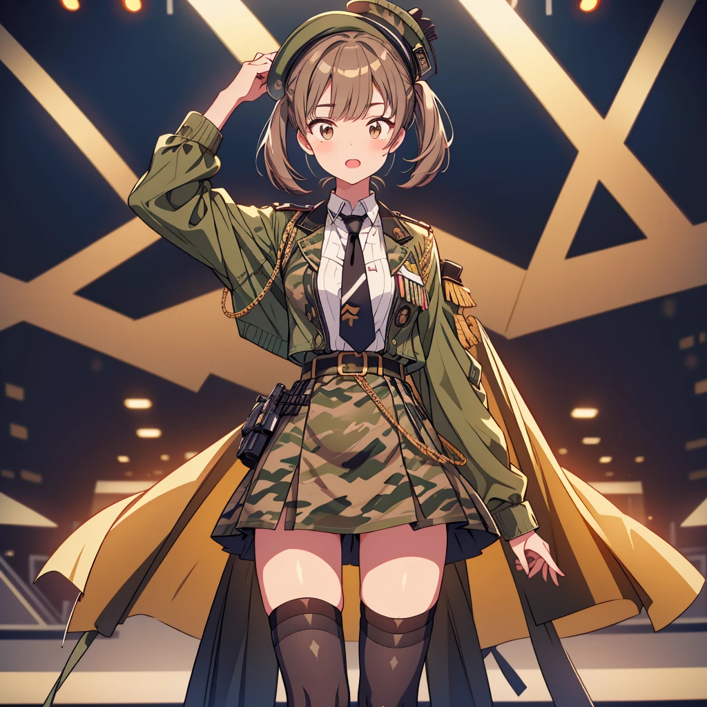 araffe dressed in a military dress and hat with a tie, wearing military outfit, army girl outfit, military outfit, wearing camo, military girl, soldier girl, militaristic!!!, army, ariana grande, rihanna, on stage, soldier outfit, in full military garb, tiny waist, performing on stage, waist - shot, ariana grande photography, print ready