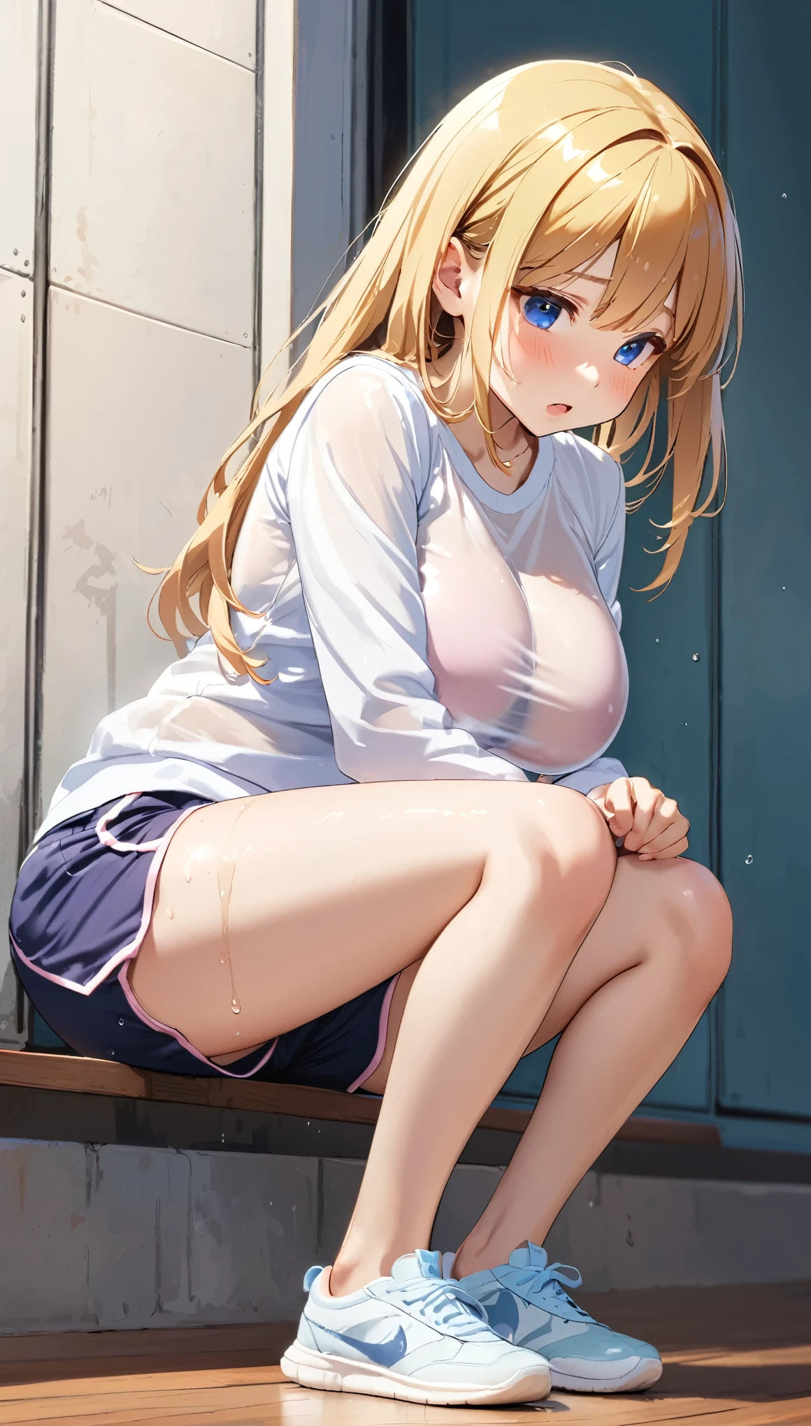 highest quality,1girl,(((()))),((big breasts:1.3)),orgasm,blush, sweat,long hair,blonde hair,blue eyes,white shirt,dolphin shorts,wet,see through,full body