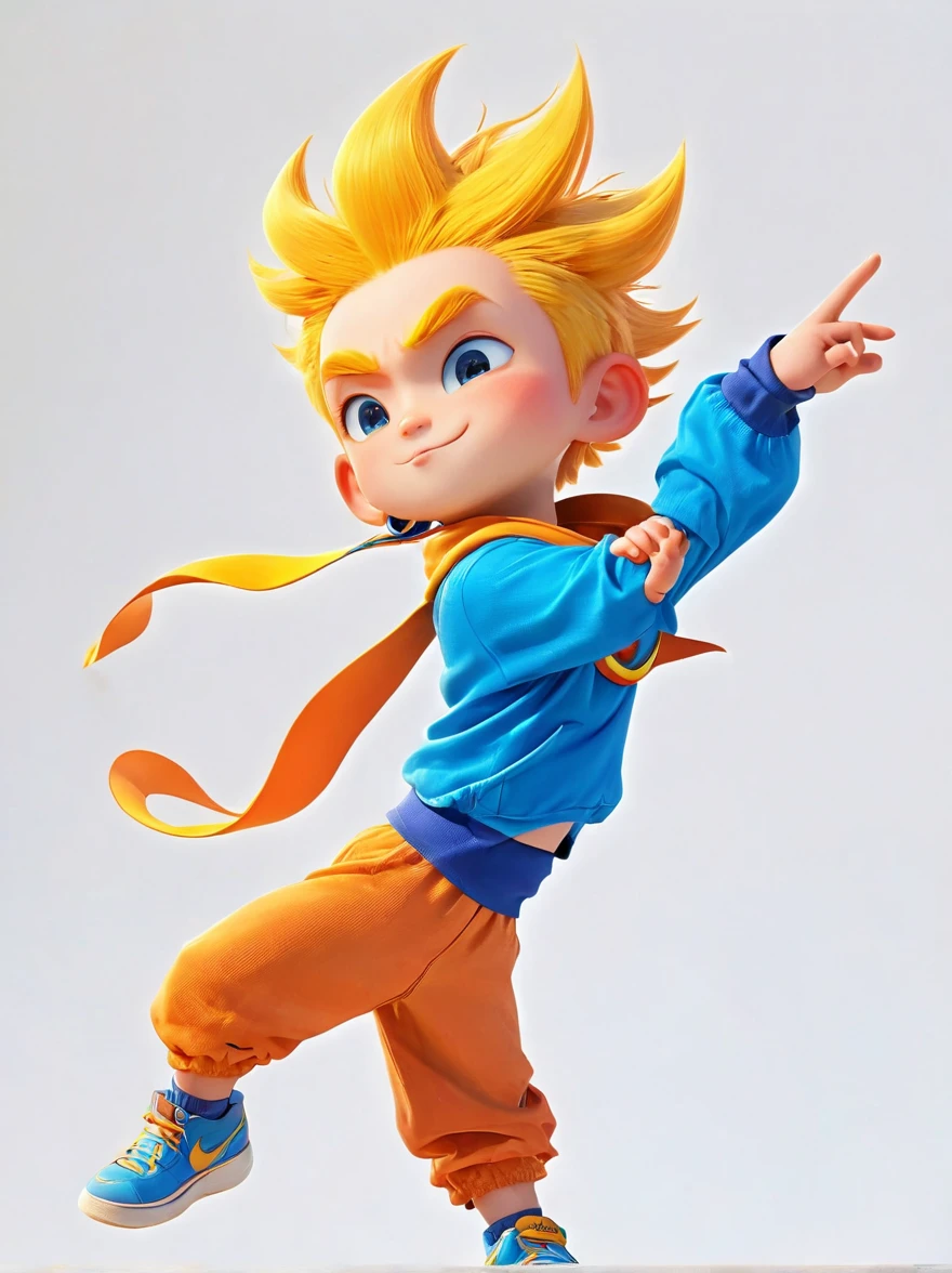 An animated character, dressed in vibrant orange and blue clothes, with bright yellow hair spiking upwards. This character possesses a distinctive blue circled spiral symbol on his headband, his eyes are blue and filled with endurance. He has three distinctive whisker-like markings on each of his cheeks. He is seen in a dynamic pose as if he's about to spring into action under a bright; sunny sky.