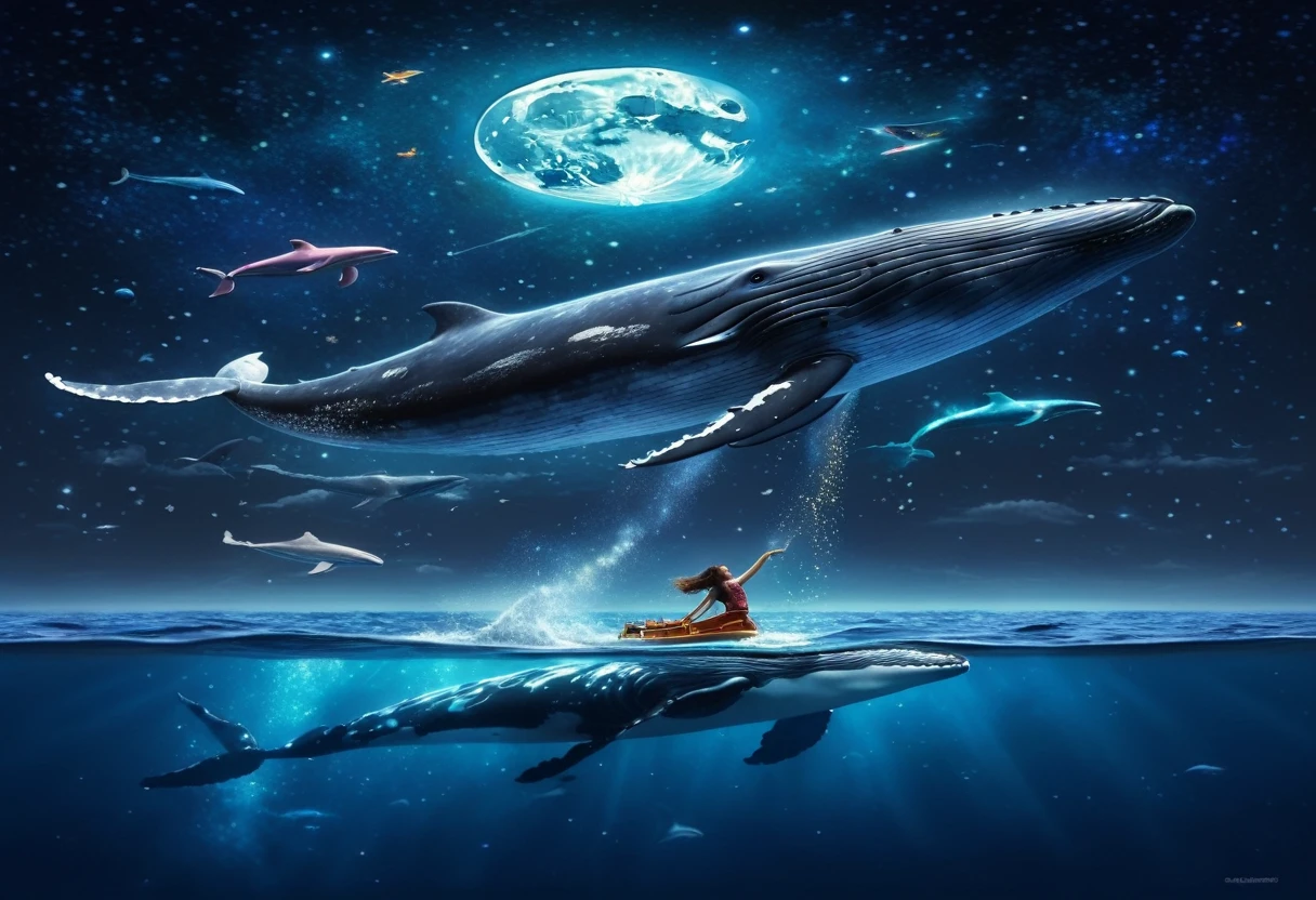 A woman riding on a whale with a dog, a magical whale in space, a flying whale, a sky whale, a whale floating between the stars, a cosmic whale, a whale drifting through the ocean of the universe, a galaxy whale, a whale floating in space, a sparkling whale, ✨🕌🌙, whimsical art, they are chasing after the whale, a whale, sitting on the moon. 

(best quality, 4k, highres, masterpiece:1.2), ultra-detailed, (realistic,photorealistic,photo-realistic:1.37), HDR, UHD, studio lighting, ultra-fine painting, sharp focus, physically-based rendering, extreme detail description, professional, vivid colors, bokeh, portraits, landscape, sci-fi, concept artists, vibrant colors, soft lighting.