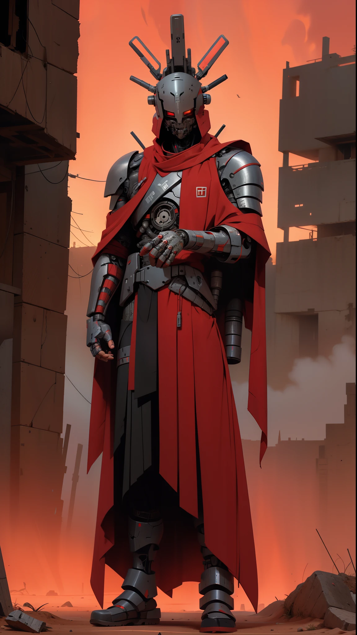 derpd, lethal cyborg assassin wearing robes armor, danger, red sky,post apocalypse 