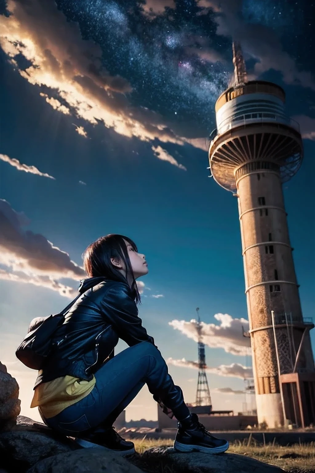 Anime girl sitting on a rock looking at the sky,A tower piercing the sky in the distance, makoto shinkai cyril rolando, anime art wallpaper 4k, anime art wallpaper 4k, Cyril Rolland and Goro Fujita, anime art wallpaper 8k, 4k anime wallpaper, anime wallpaper 4k, anime wallpaper 4k, ( ( makoto shinkai ) ), makoto shinkai!