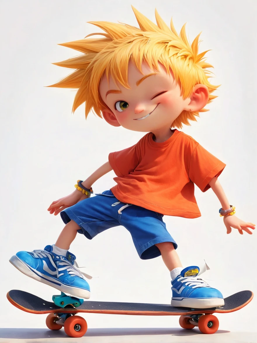 A cartoon character, best described as a playful young boy with spiky yellow hair, wearing an orange t-shirt, blue shorts, and red shoes. He possesses a mischievous grin that often accompanies the troubles he ignites in his unnamed town. He's known for his skateboarding skills and a nonchalant attitude.