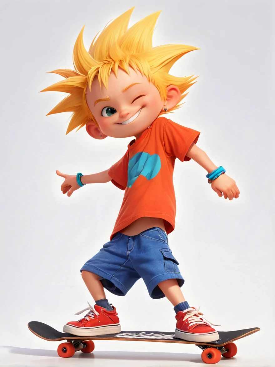 A cartoon character, best described as a playful young boy with spiky yellow hair, wearing an orange t-shirt, blue shorts, and red shoes. He possesses a mischievous grin that often accompanies the troubles he ignites in his unnamed town. He's known for his skateboarding skills and a nonchalant attitude.