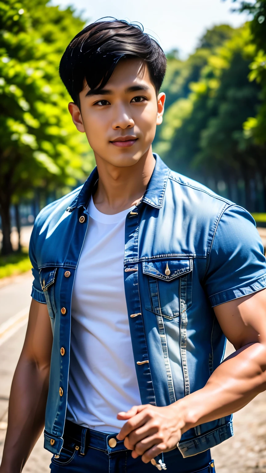 Masterpiece, best quality, High quality, วอลล์เปเปอร์ CG unity 8k ที่มีvery detailed, depth of field, HDR,,Realistic picture,very detailed, 1 man smiling, Asia, black short hair, (Wear a white t-shirt, Short sleeve blue denim jacket), chest muscles, Big arm muscles, blood vessel, big muscles, Broad shoulders, looking at the audience, Balancing the eyes, professional photography, advertising shoot, face looking at camera, Portrait from the side, realistic, with the sunset atmosphere, Walking into the dark forest with a camera