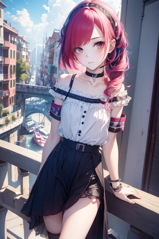 1girl, Wear casual clothes, accessories, choker, balcony, looking at viewer, armband, blush, multicolored hair, (sensual pose, full shot), (stylized:1.3), (Highly detailed), (high resolution), (Best quality), (masterpiece)