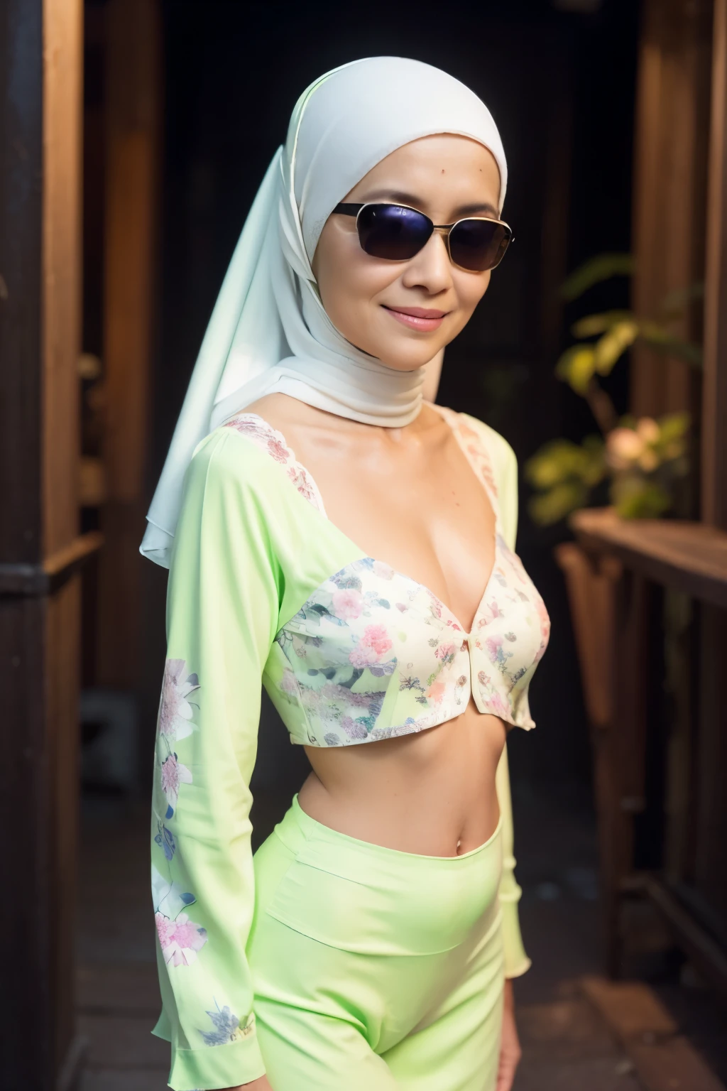 (((Sunglasses))), ((Old lady:1.5)), ((FLAT CHEST:1.6)), (Happy smile), (((HIJAB MALAY GIRL))), masutepiece, High quality, UHD 32K, Realistic face, Realistic skin feeling , A Japanese Lady, 58 years old matured lady, , Very cute and baby-like face, (((FLAT CHEST))), (Night time at forest), ((look In front  at the camera and SADNESS)), (((WHITE FLUORESCENT))), (((CUTE GIRL))), ((LIGHT GREEN FLUORESCENT LIPS)), ((Floral Pattern)) little wearing strapless, strapless colorful, dark night background , black forest night, horror scary place, (from behind up) seductive pose, small face & head