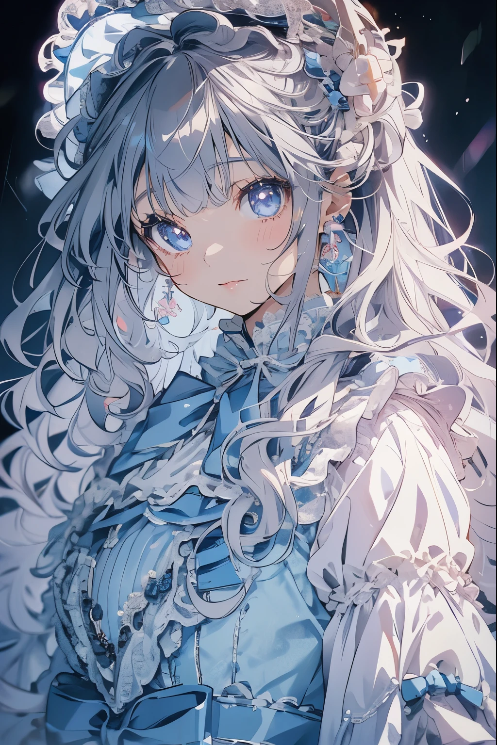 (Mastepiece)、(Best Quality)、Highly detailed face、Anime Girl、1 girl、Light blue Lolita clothes、Fluffy long hair、Gray Hair、blue eyes