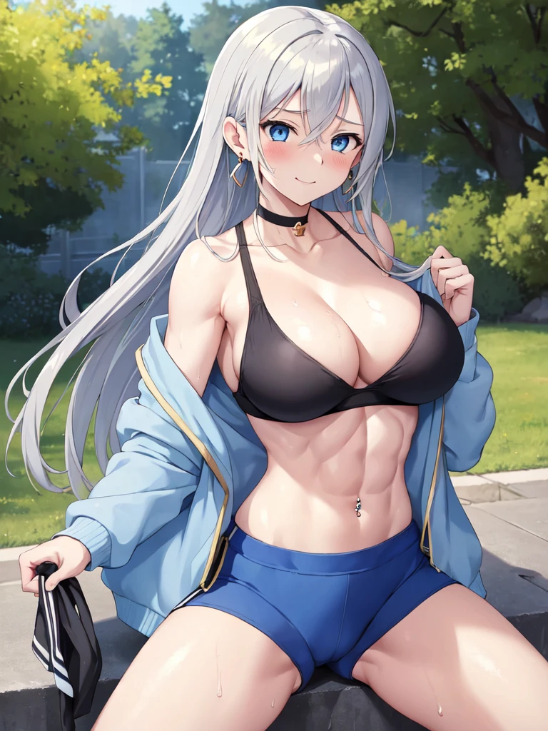 (((masterpiece))), ShizukaMikazuki, One Girl, alone, Looking at the camera, Long Hair, Gray Hair, Long sleeve, Cleavage, mega breasts,Large Breasts, Mature Body,,clavicle, Jacket, Open clothes, open Jacket, blue hoodie, Black sports bra, Black hot pants, choker with a charm,Play sports often,bicycle,Clear light blue eyes, Blushing,smile,Sweat,Toned Abs,A shy and troubled expression,Open your mouth,Earrings,Golden navel piercing,Park at dusk, Increase the size of the chest,