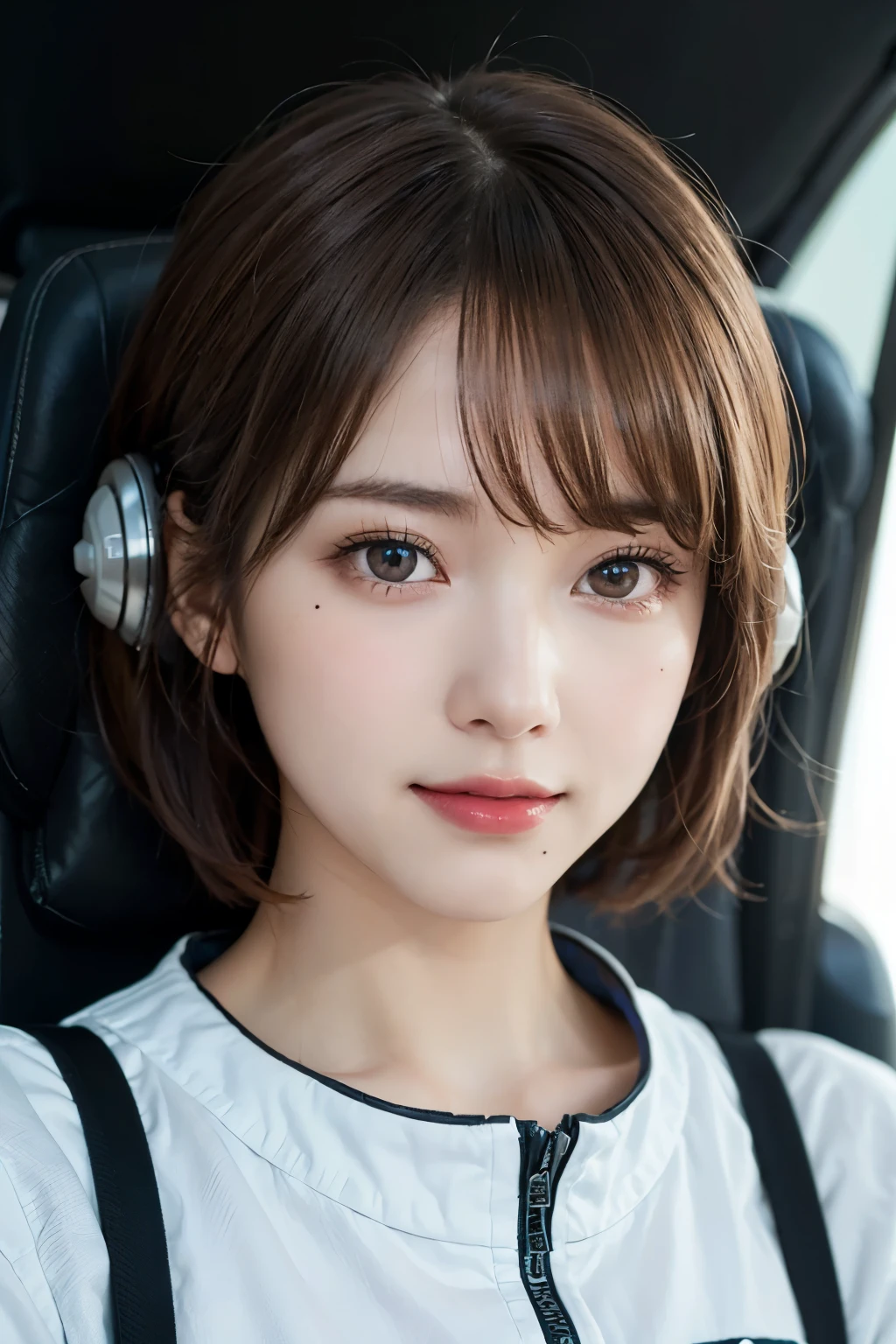 Ultra-high resolution、(Real:1.4)、One beautiful woman、Beautifully detailed eyes and skin、Light brown short hair、A Little Smile、light makeup、Spacesuit、Space Station、Spaceship、Bright interior、Remains、Cloudy、Sci-Fi Taste、Movie quality、dramatic、Dramatic composition、