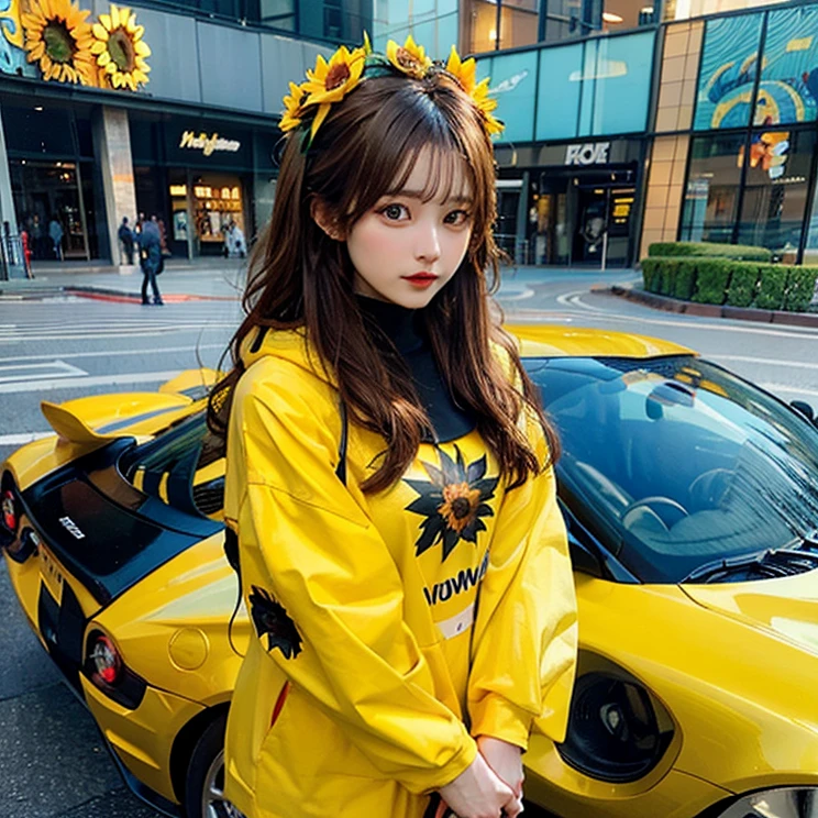 a woman wearing a sunflower hoodie on standing outside a sports car