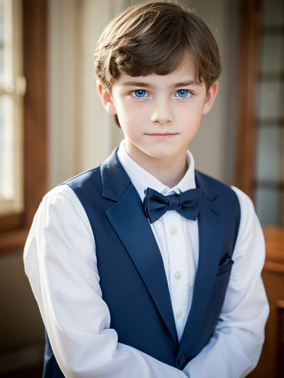 A beautiful and very tender 12-year-old boy with white skin, blue eyes, light brown hair, fine and serious features, very serious at home, formal clothing, well-combed, sad melancholic look without a smile..