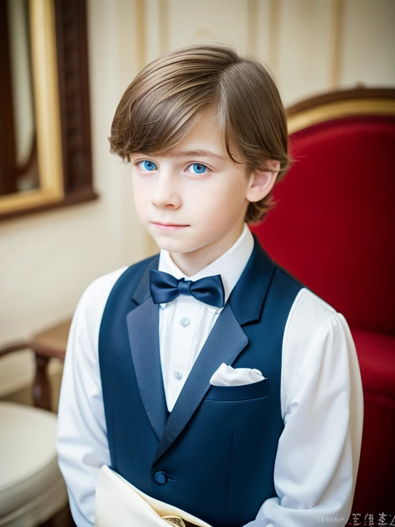 A beautiful and very tender with white skin, blue eyes, light brown hair, fine and serious features, very serious at home, formal clothing, well-combed, sad melancholic look without a smile..