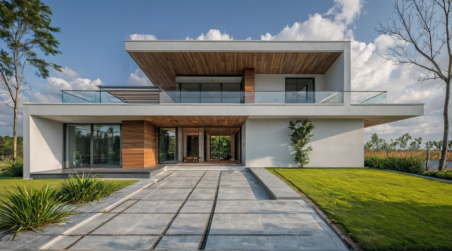 Masterpiece, high quality, best quality, authentic, super detail, outdoors, onestoreyvillaXL, aiaigroup, house style modern on the street ,stairs, white wall ,road,pavement, grass, trees, sky, cloud, (daylight:1.1)