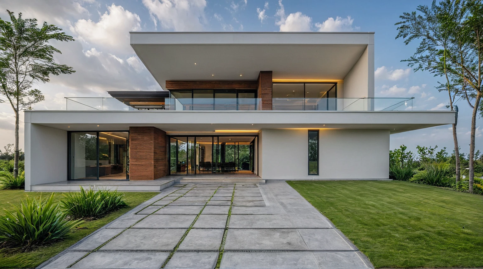 Masterpiece, high quality, best quality, authentic, super detail, outdoors, onestoreyvillaXL, aiaigroup, house style modern on the street ,stairs, white wall ,road,pavement, grass, trees, sky, cloud, (daylight:1.1)