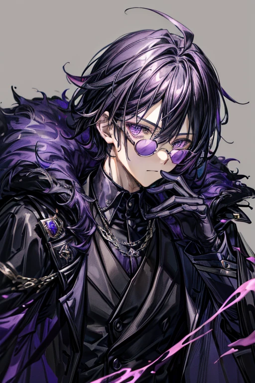 (masterpiece, best quality, perfect face, expressive eyes), 1boy, (anime), (male), (adult), black hair, purple gradient hair, (purple eyes), glowing eyes, purple gem rings, purple gem jewelry, black fur cloak, black gentleman suit, purple tainted glasses, black gloves,