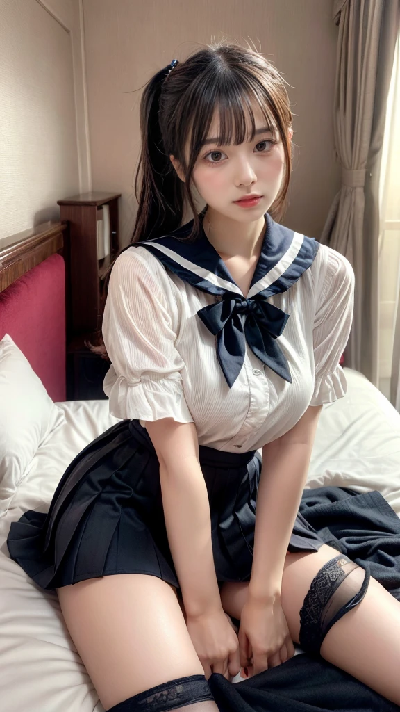 muste piece, best quality, illustration, Super detailed, fine details, High resolution, 8K,wall paper, perfect dynamic composition,(Details High quality, realistic depiction of eyes:1.3), (London striped Sailor Uniform, pleated skirt), large breasts, (ponytail, black hair color), Big Natural Color Lip, bold sexy pose, crying a little、cold gaze, Harajuku style、20 year old girl、cute type、lolita、beautiful legs, hotel room, hposing Gravure Idol, woman on top, straddling, sitting)