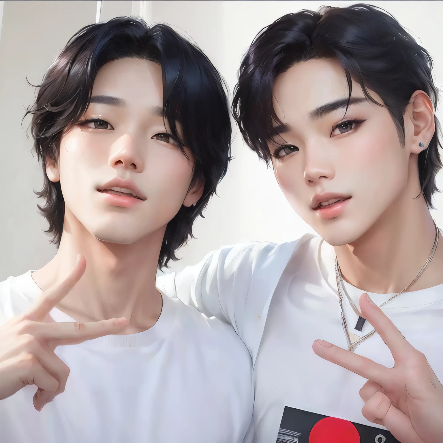 from the group bts, Jimin and V with same hairstyle, cute boys and beautiful boys, realistic, ai art
