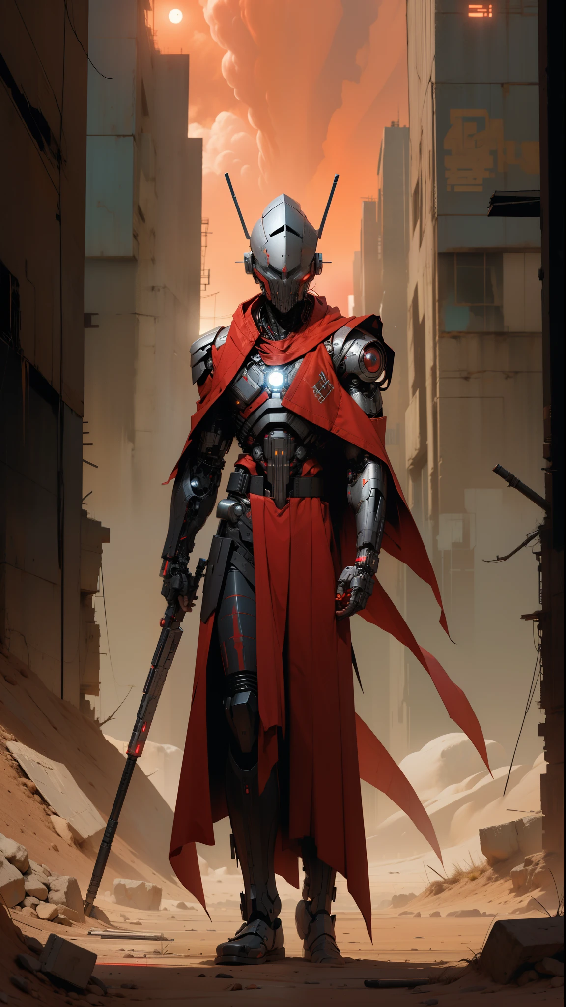derpd, lethal cyborg assassin wearing robes armor, danger, red sky,post apocalypse 