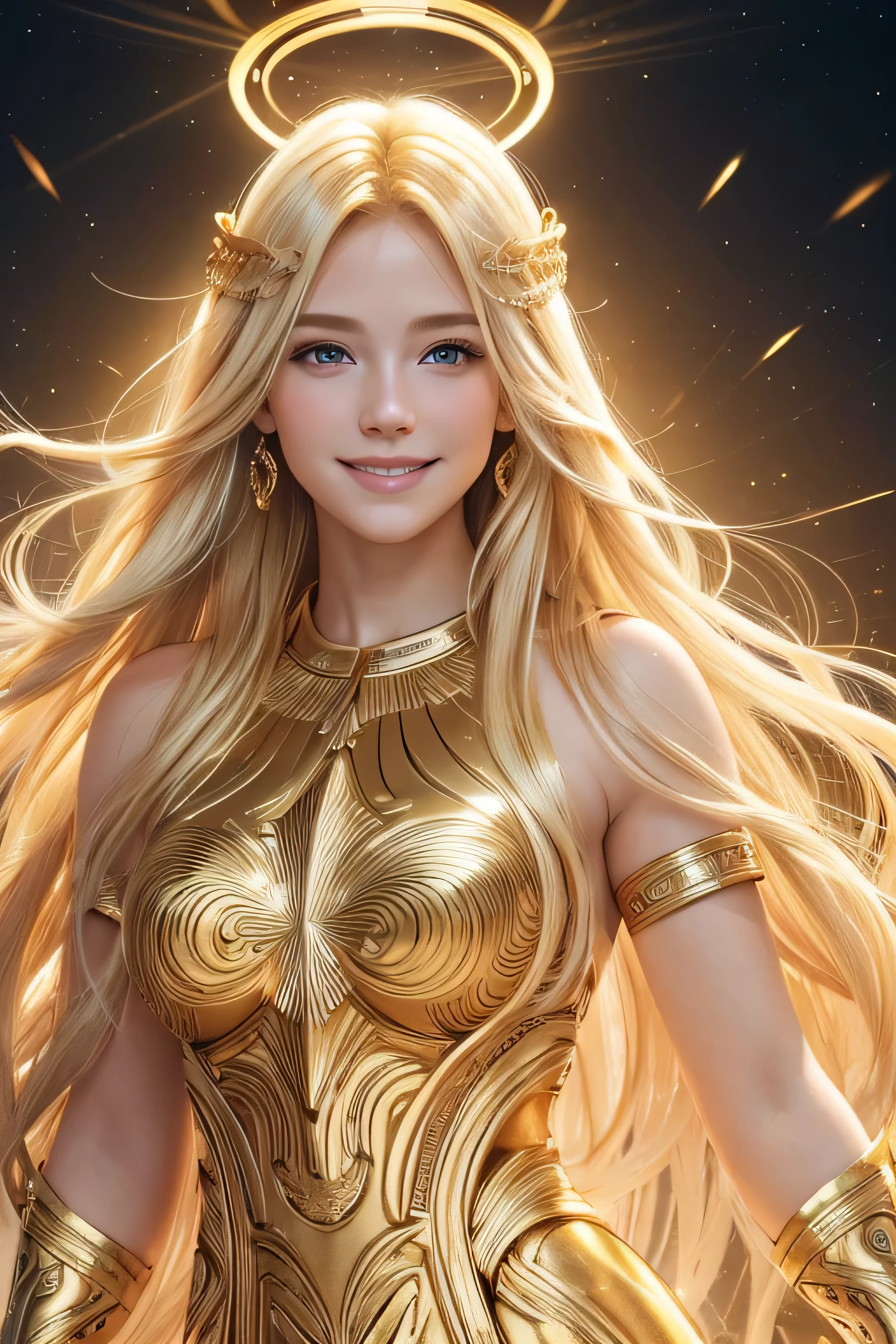(best quality,highres:1.2),ultra-detailed,realistic:1.37,white skin,fair skin,blonde hair,smiling face,beautiful,goddess,golden-haired,golden hair,feathered,halo,hair flowing like a golden river,colorful shimmering background,rainbow-colored background
