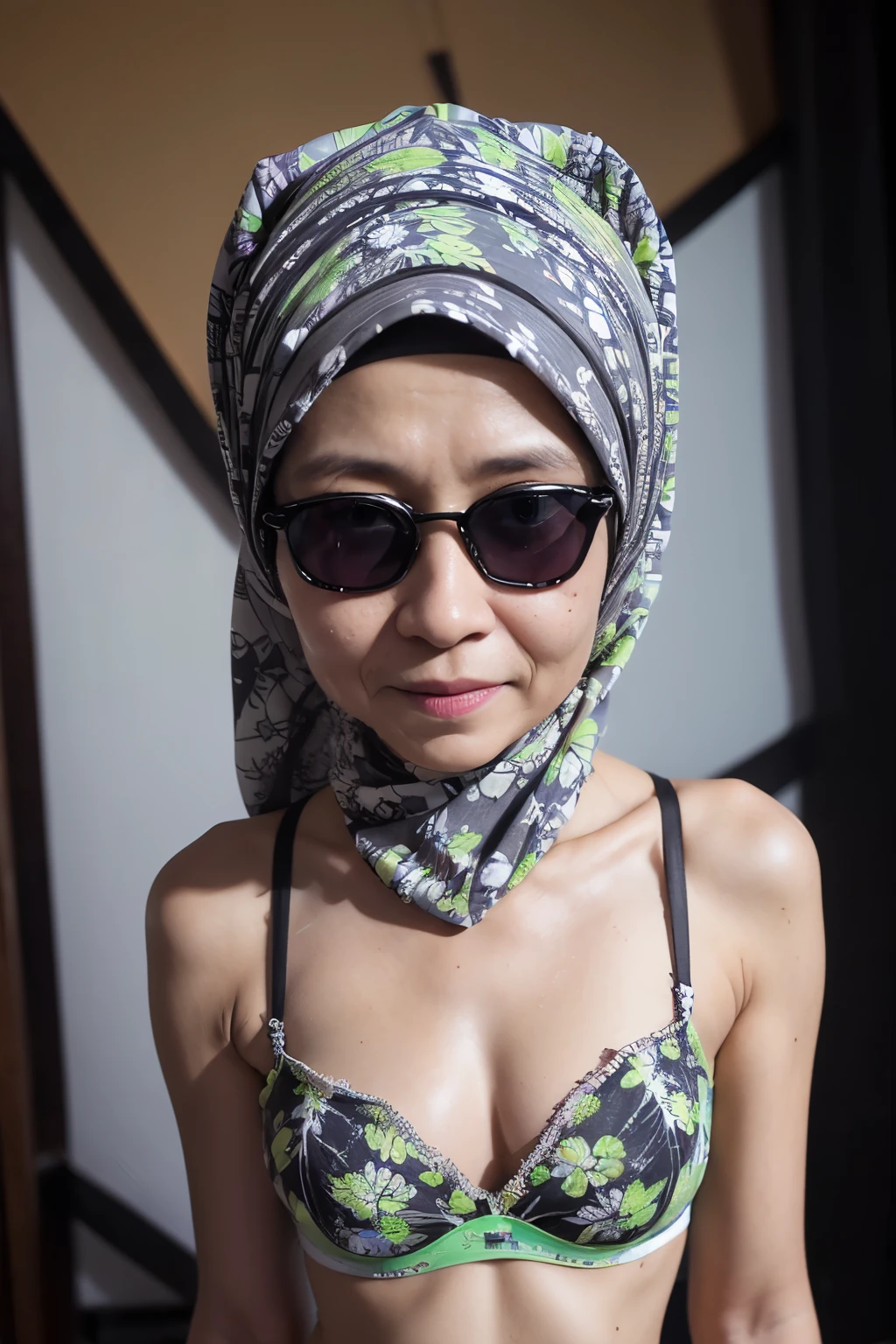 (((Sunglasses))), ((Old lady:1.5)), ((FLAT CHEST:1.6)), (Happy smile), (((HIJAB MALAY GIRL))), masutepiece, High quality, UHD 32K, Realistic face, Realistic skin feeling , A Japanese Lady, 58 years old matured lady, , Very cute and baby-like face, (((FLAT CHEST))), (Night time at forest), ((look In front  at the camera and SADNESS)), (((WHITE FLUORESCENT))), (((CUTE GIRL))), ((LIGHT GREEN FLUORESCENT LIPS)), ((Floral Pattern)) little wearing strapless bra, strapless colorful bra, dark night background , black forest night, horror scary place, (from behind up) seductive pose