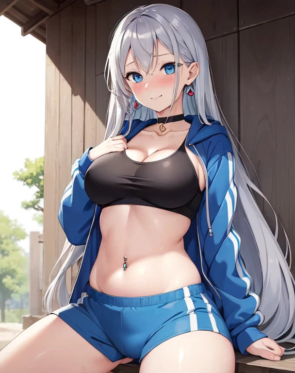 (((masterpiece))), ShizukaMikazuki, One Girl, alone, Looking at the camera, Long Hair, Gray Hair, Long sleeve, Cleavage, mega breasts,Large Breasts, Mature Body,,clavicle, Jacket, Open clothes, open Jacket, blue hoodie, Black sports bra, Black hot pants, choker with a charm,Play sports often,bicycle,Clear light blue eyes, Blushing,smile,Sweat,constricted belly,A shy and troubled expression,Open your mouth,Earrings,Golden navel piercing,Park at dusk, Increase the size of the chest,