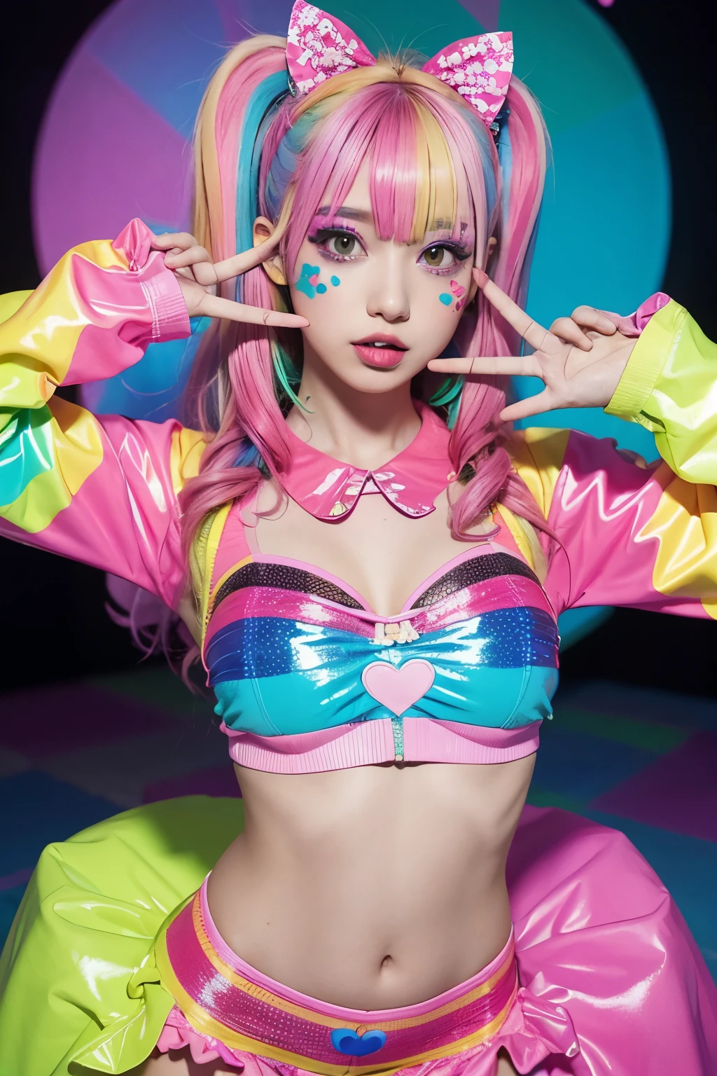 Alafe girl posing in colorful costume for photo, y 2 k cutecore clowncore, kawaii decora rainbowcore, kawaii hq render, candy girl, decora inspired, Unreal Engine : : Rave makeup, raver girl, Rave Girl, Rave Costume, glitchpunk girl, soda themed girl, playful and cheerful, eighties pinup style