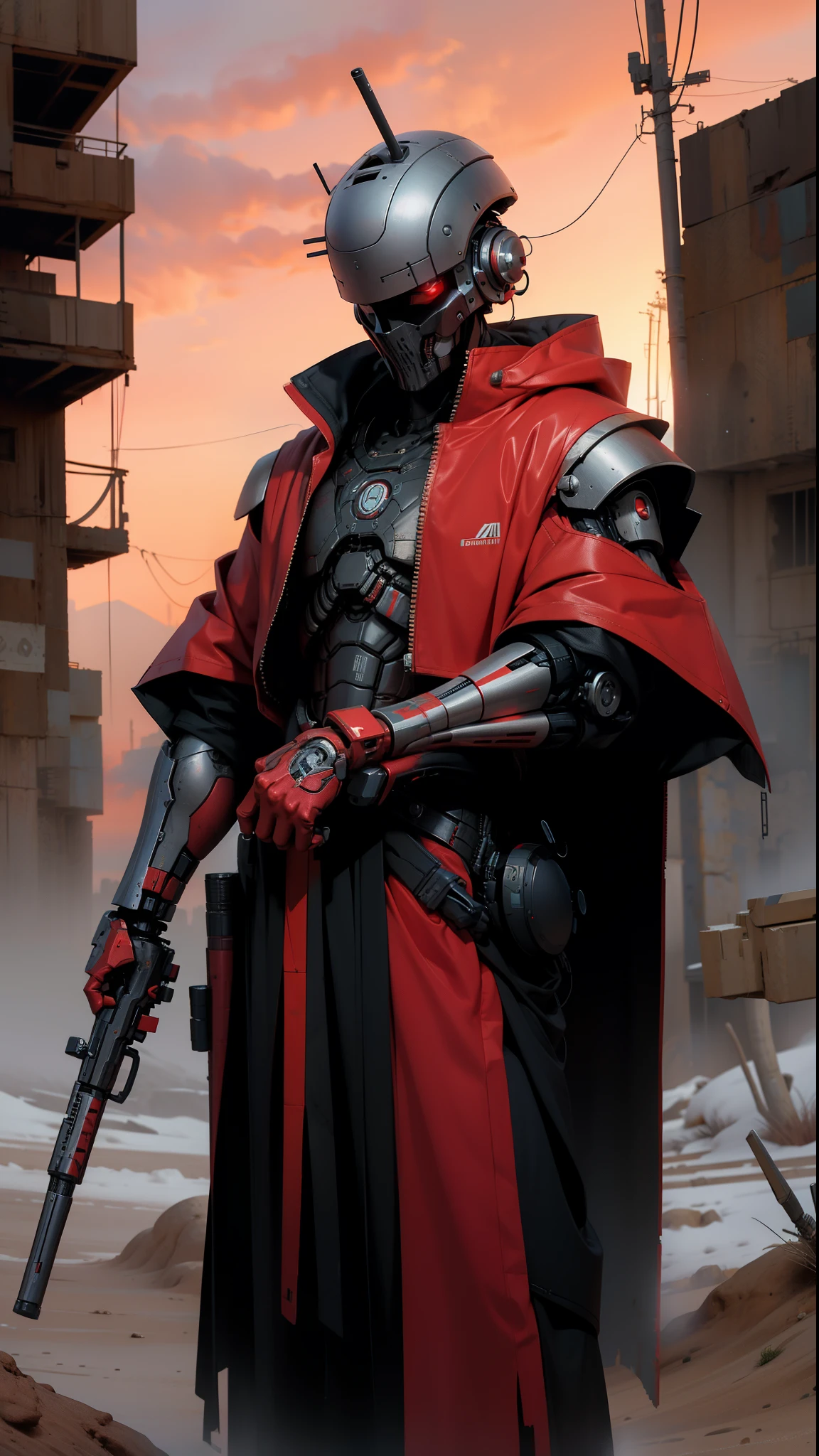 derpd, lethal cyborg assassin wearing robes armor, danger, red sky,post apocalypse 