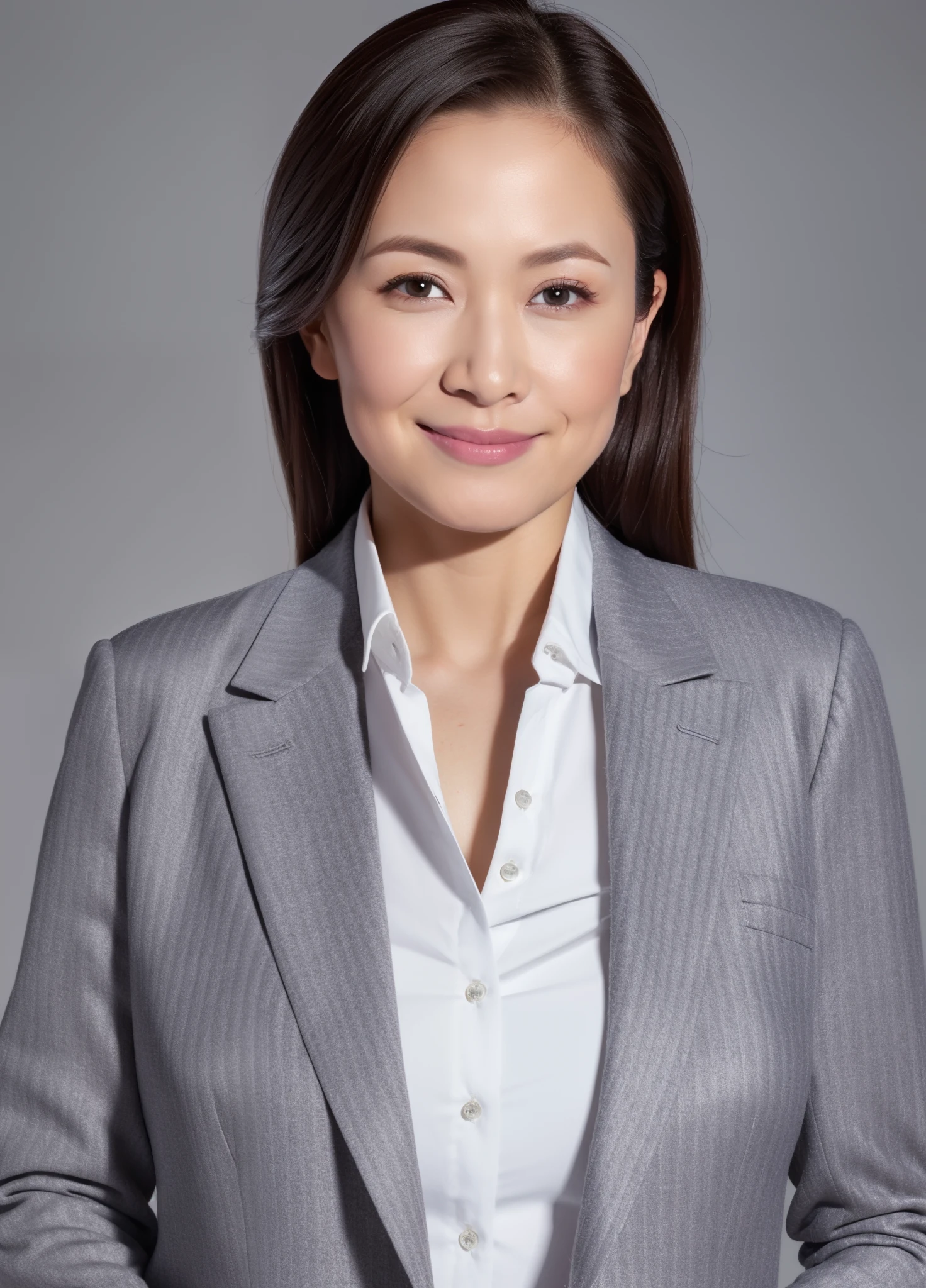 masterpiece,best quality, (one business lady), ((portrait:1.3, close up:0.75)), ((grabbing own chest with both hands)), looking at the viewer, grey blazer, white shirt, (smile:0.2),