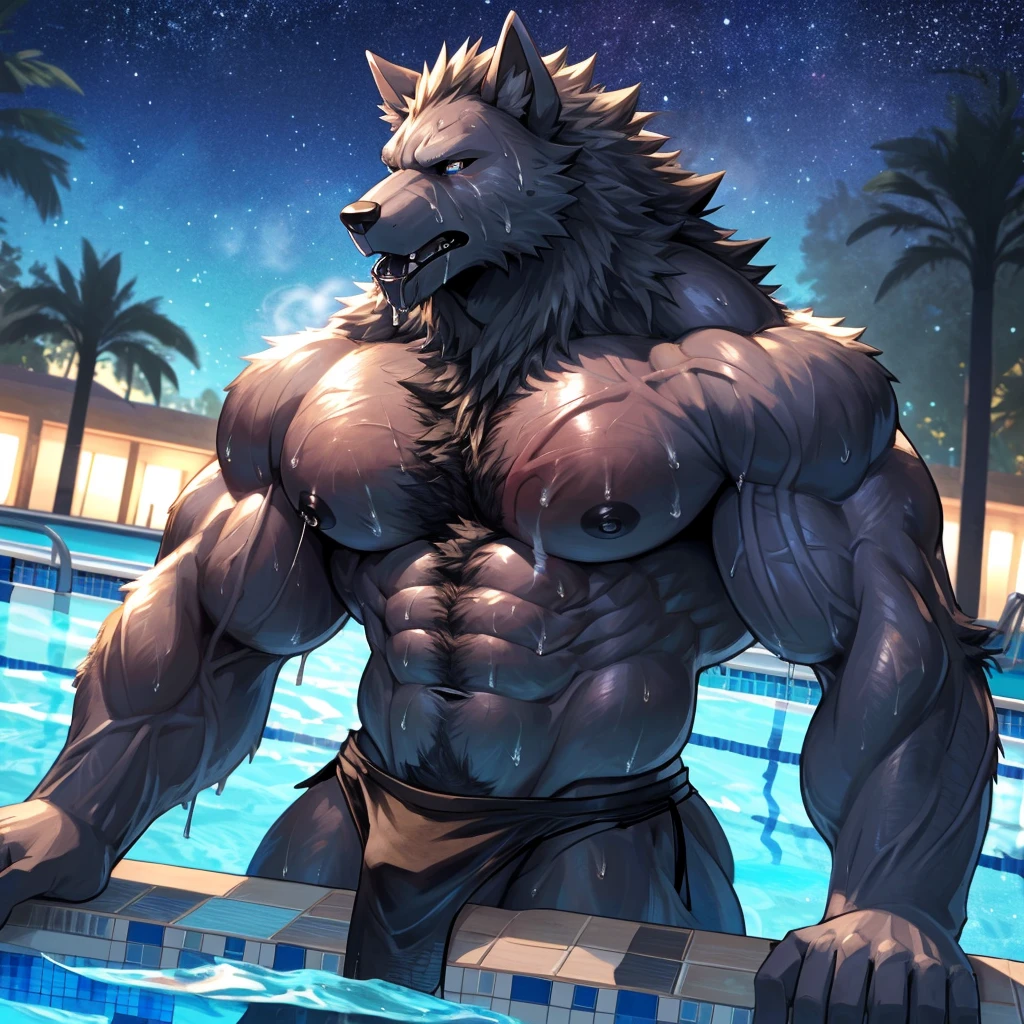 (highest quality:1.2), (masterpiece:1.2), anime, ultra detailed, angle from bottom
, Shaggy male black wolf, Black Wolf, great physique,Strong arms, manly, bodybuilder, (Veins throughout the chest:1.9)
, (Excessive sweating:1.7), (Sweat all over the body:1.7)
, Look up to the sky, Black loincloth

, Fine grain, (ultra detailed eyes:1.4), black sclera, lightblue pupil
, black tongue, A large amount of saliva, Tears dripping


,From null-ghost, (Poolside:1.5), The background is a forest, The lost city lights, end:night、in the starry sky
