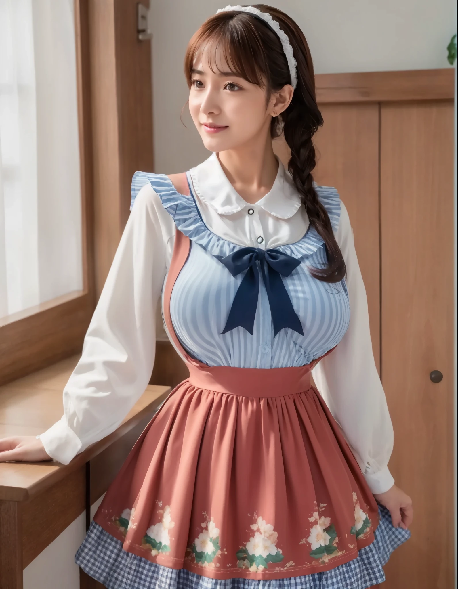 (Best quality, 8k, 32k, Masterpiece, UHD:1.2),1 girl,bangs, (blue gingham:1.2),dirndl skirt, (closed collar long-sleeved blouse with frilled and ribbon:1.2),large_breasts,cleavage, (various kinds of colored:1.4) simple (long dress:1.2), (apron:1.2), (lace ruffle socks:1.2), hair bows, (suspenders:1.2), white lace, mary jane shoes,upper body,indoors,living room,view from below,clothes pull