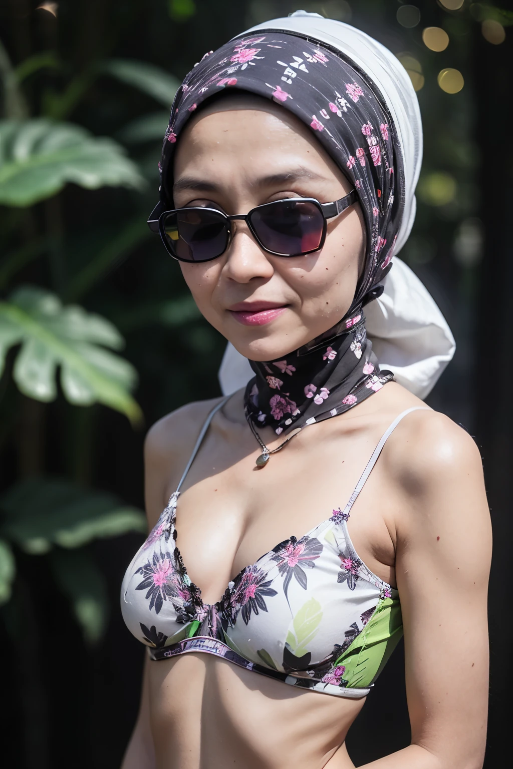 (((Sunglasses))), ((Old lady:1.5)), ((FLAT CHEST:1.6)), (Happy smile), (((HIJAB MALAY GIRL))), masutepiece, High quality, UHD 32K, Realistic face, Realistic skin feeling , A Japanese Lady, 58 years old matured lady, , Very cute and baby-like face, (((FLAT CHEST))), (Night time at forest), ((look In front  at the camera and SADNESS)), (((WHITE FLUORESCENT))), (((CUTE GIRL))), ((LIGHT GREEN FLUORESCENT LIPS)), ((Floral Pattern)) little wearing strapless bra, strapless colorful bra, dark night background , black forest night, horror scary place, (from behind up) seductive pose