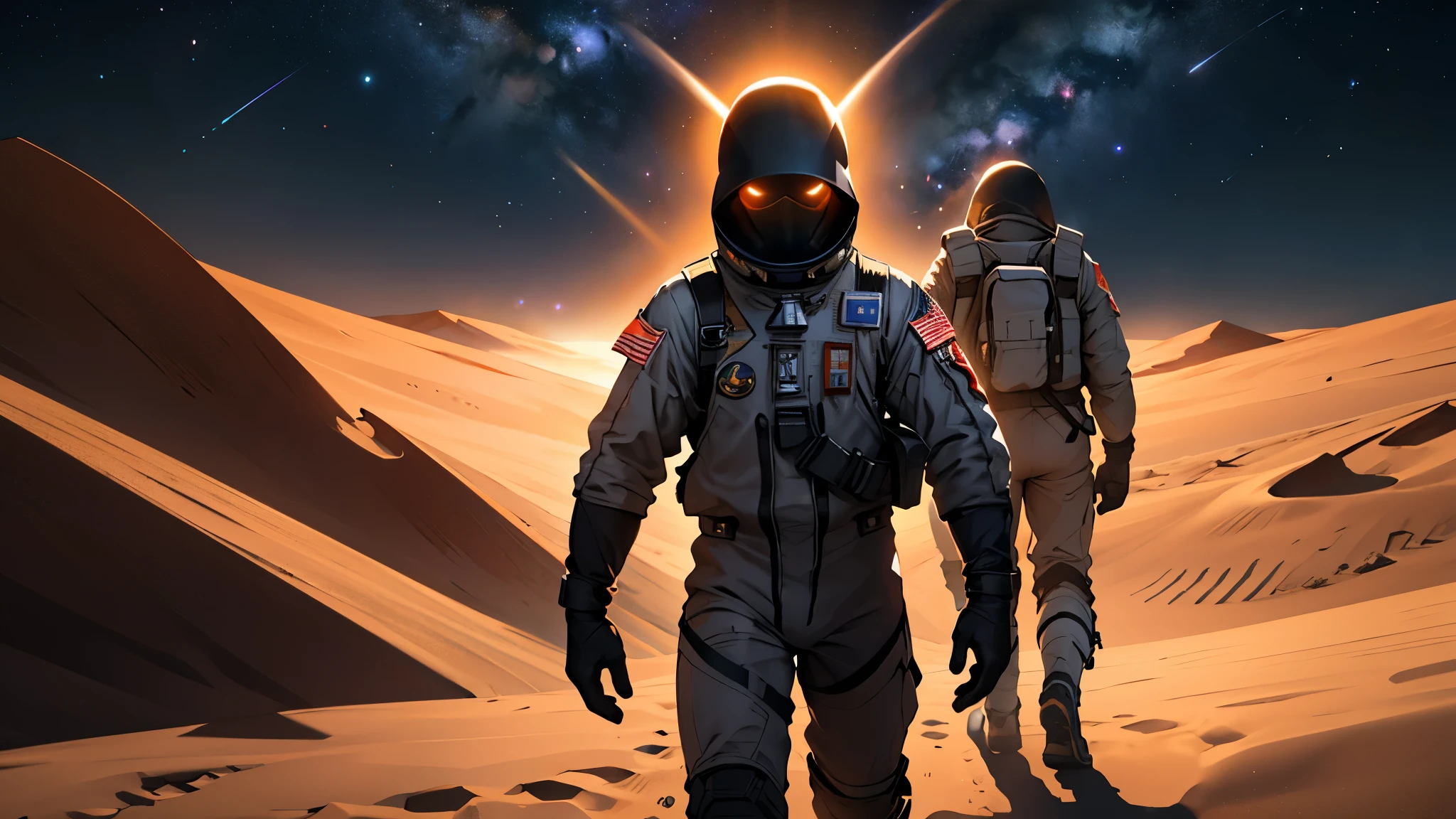 Astronaut a shadow like figure has a dark aura turn back to the screen, standing on mars looking into space through black sharp dunes no glow, earth on distance and stars