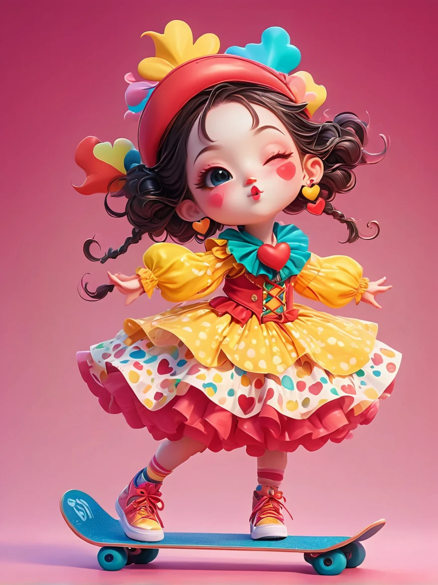 A clown-like,Naughty smile,Big shining eyes,(one eye Close:1.8),Slender body,Dress in chaotic and vibrant outfits,Ornate hat with heart symbol,Baggy pants,Oversized shoes,Vivid excitement,Open your arms,Perform magic,Hovering in otherworldly landscapes,3D Rendering,Solid color background,specific,chibi anime,Surrealism, Cartoon Style, full-body shot, Super Detail, Anatomically correct, masterpiece, precise