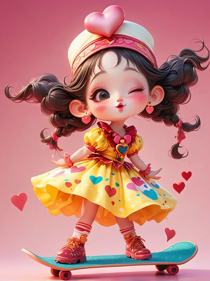 A clown-like，Naughty smile，Big shining eyes，(one eye Close:1.8)，Slender body，Dress in chaotic and vibrant outfits，Ornate hat with heart symbol，Baggy pants，Oversized shoes，Vivid excitement，Open your arms，Perform magic，Hovering in otherworldly landscapes，3D Rendering，Solid color background，specific，chibi anime，Surrealism, Cartoon Style, full-body shot, Super Detail, Anatomically correct, masterpiece, precise
