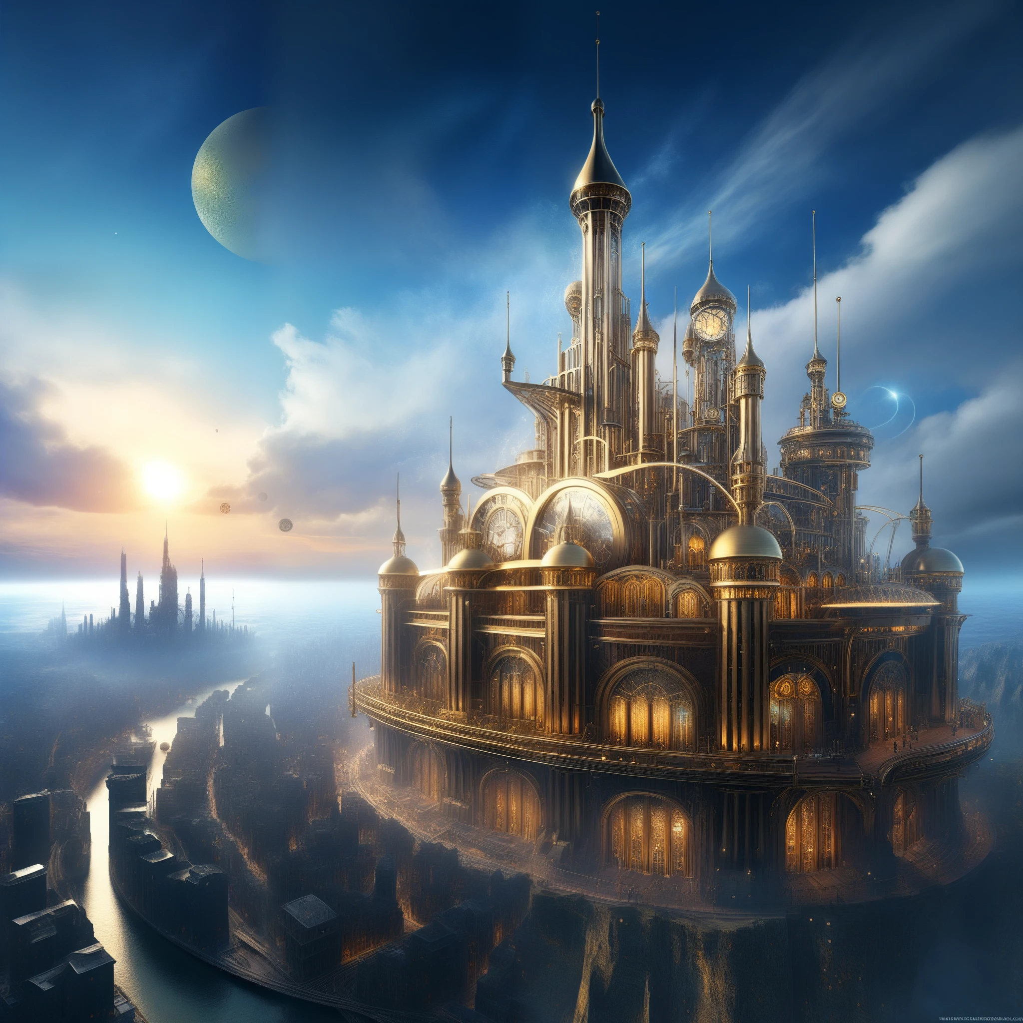 Gaze upon a city where steampunk dreams meet technological advancements, each tower a symphony of brass and invention.