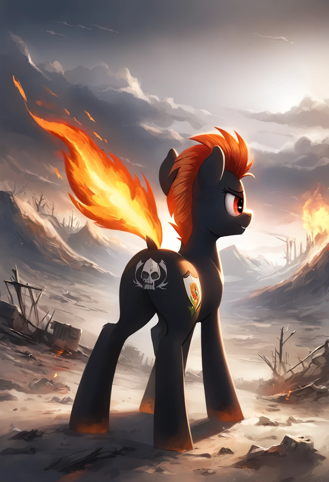 score_9, score_8_up, score_7_up, MLP, black fur, firey hair, red eyes, death, skull tattoo, desolate landscape, fire in the background, post-apocalyptic scene, only one pony, solo scene