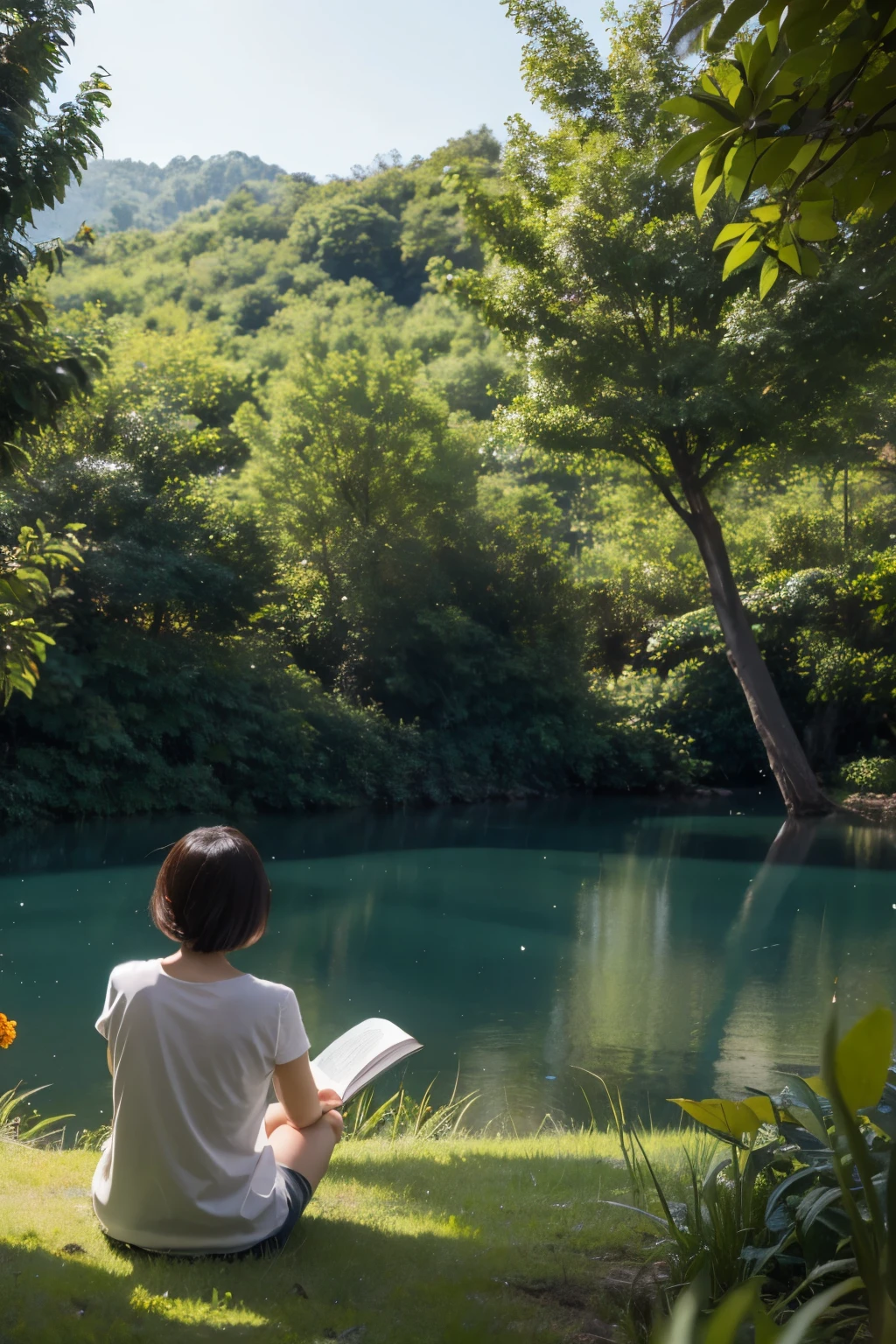 Back view、In nature、Reading a book、I can't see your face、Long Hair、Swaying in the wind、、(highest quality,masterpiece:1.3,超A high resolution,),(Ultra-detailed,Caustics),(Photorealistic:1.4,RAW shooting,)Ultra-Realistic Capture,Very detailed,High resolution 16K for human skin、 The skin texture is natural、、The skin looks healthy、The color is also uniform.、 Use natural light and color,There is nature in the background