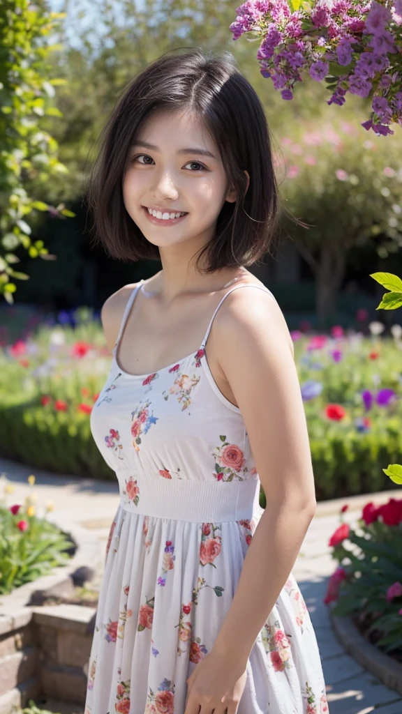 masterpiece, highest quality, disorganized, perfect anatomy, 1 girl, alone, pascal tales, short hair, beautiful, Hilarious, sunny day, botanical garden, Summer winds, sundress, Floral, wavy hair, smile