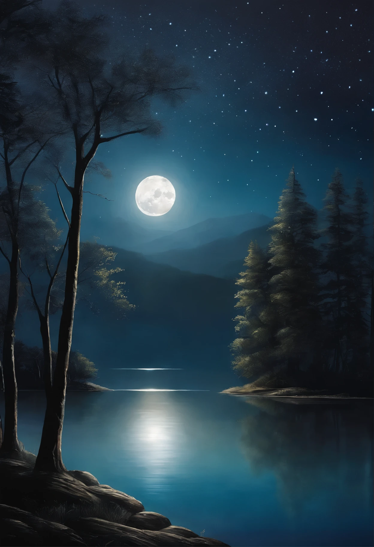 "A peaceful and peaceful night, Bathed in silvery radiance. A harmonious scene of the moon delicately reflected in calm water. Twinkling stars dot the dark sky, casting a magical ambiance. The surrounding nature is shrouded in a light, mysterious mist.. Bring your imagination to life with this night painting full of serenity and peace."