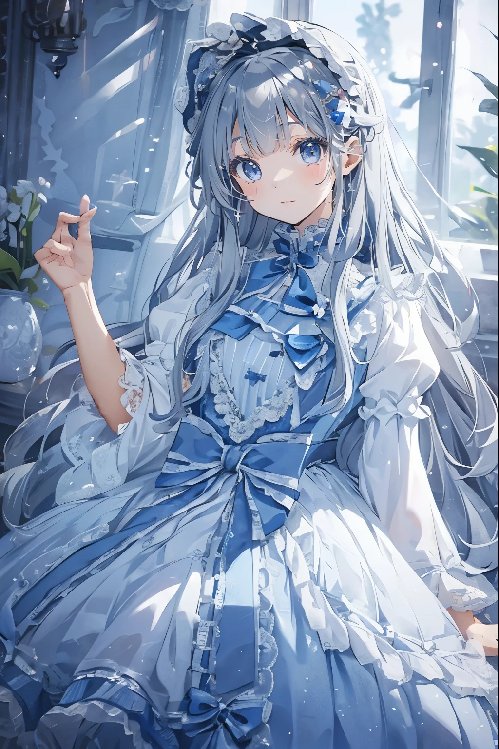 Anime girl in blue dress sitting on a window sill - SeaArt AI
