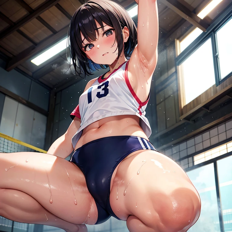 Japanese　-yeld wo　Skin　Both arms raised　Bob Hair　Armpit sweat　Volleyball practice　squat　Angle from directly below　Sweat dripping from the crotch　My crotch is very wet with sweat　Steam is coming out again