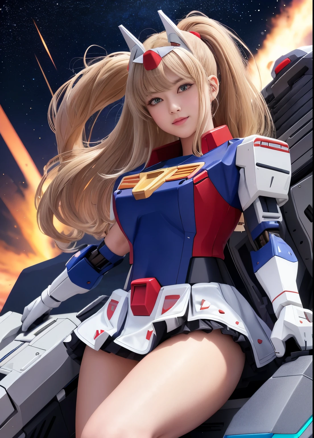 (highest quality)、(masterpiece)、detailed、realism、Mobile Suit Gundam F91 personification、Great highlights on the upper body, Powerful Mech、Beam rifle、girl、Chibi Character、22 years old, Baby Face, Flower Helmet、ponytail、Droopy eyes、Modest nose、Moisturized lips、Red cheeks、smile、belly button、Absolute area、Wet chubby thighs、mini skirt、Spread your legs、Pussy、Very affectionate love relationship、universe、Enemy battle scene、Be enchanted by amazing beauty、