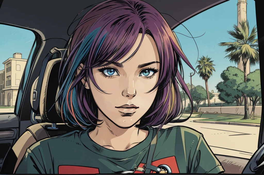vector image, 2d cartoon,masterpiece, An anime woman,colored hair, t-shirt, driving car,