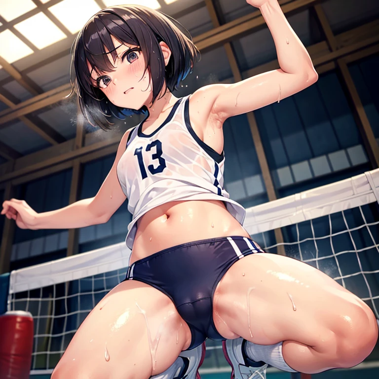 Japanese 13-year-old woman naked Both arms raised Bob Hair Armpit sweat Volleyball practice squat Angle from directly below Sweat dripping from the crotch My crotch is very wet with sweat Steam is coming out again