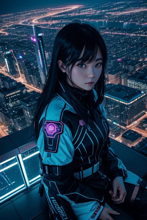 highest quality、Neon future city、Watching from high above、Night view