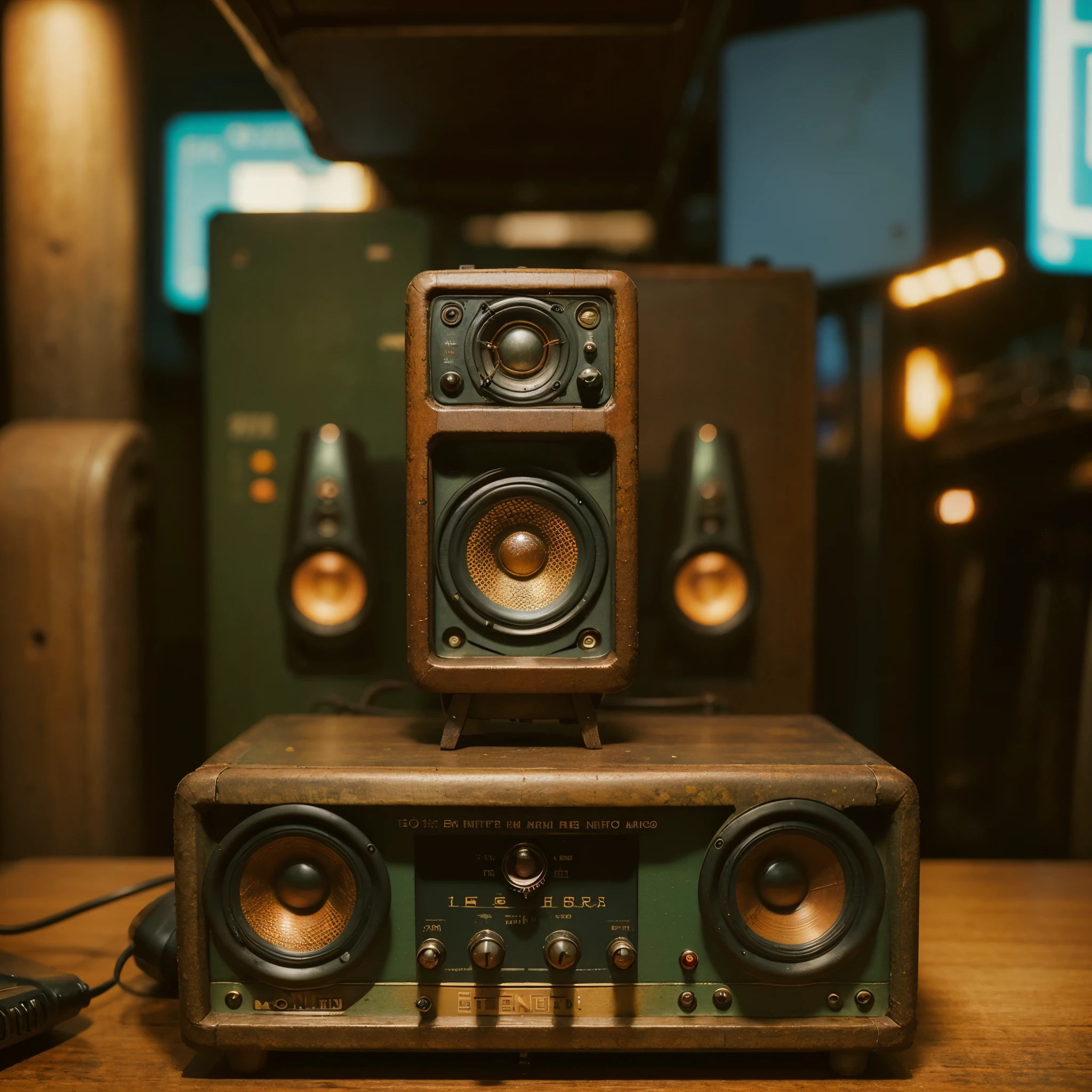 1 very small solo vintage speaker sitting on a desk, warm, nostalgia, old photograph, cyberpunk, retro-futuristic, depth of field, bokeh, vintage, aged, warn,  foggy, blurry background