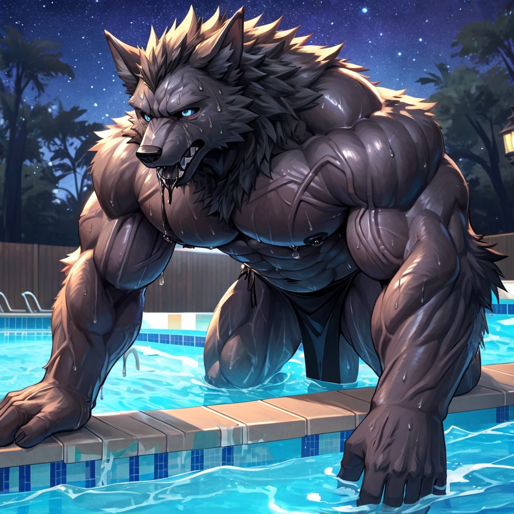 (highest quality:1.2), (masterpiece:1.2), anime, ultra detailed, angle from bottom
, Shaggy male black wolf, Black Wolf, great physique,Strong arms, manly, bodybuilder, (Veins throughout the arm:1.9)
, (Excessive sweating:1.7), (Sweat all over the body:1.7)
, Look up to the sky, Black loincloth
, Fine grain, (ultra detailed eyes:1.4), black sclera, lightblue pupil
, black tongue, A large amount of saliva, Tears dripping
,From null-ghost, (Poolside:1.5), The background is a forest, The lost city lights, end:night、in the starry sky
