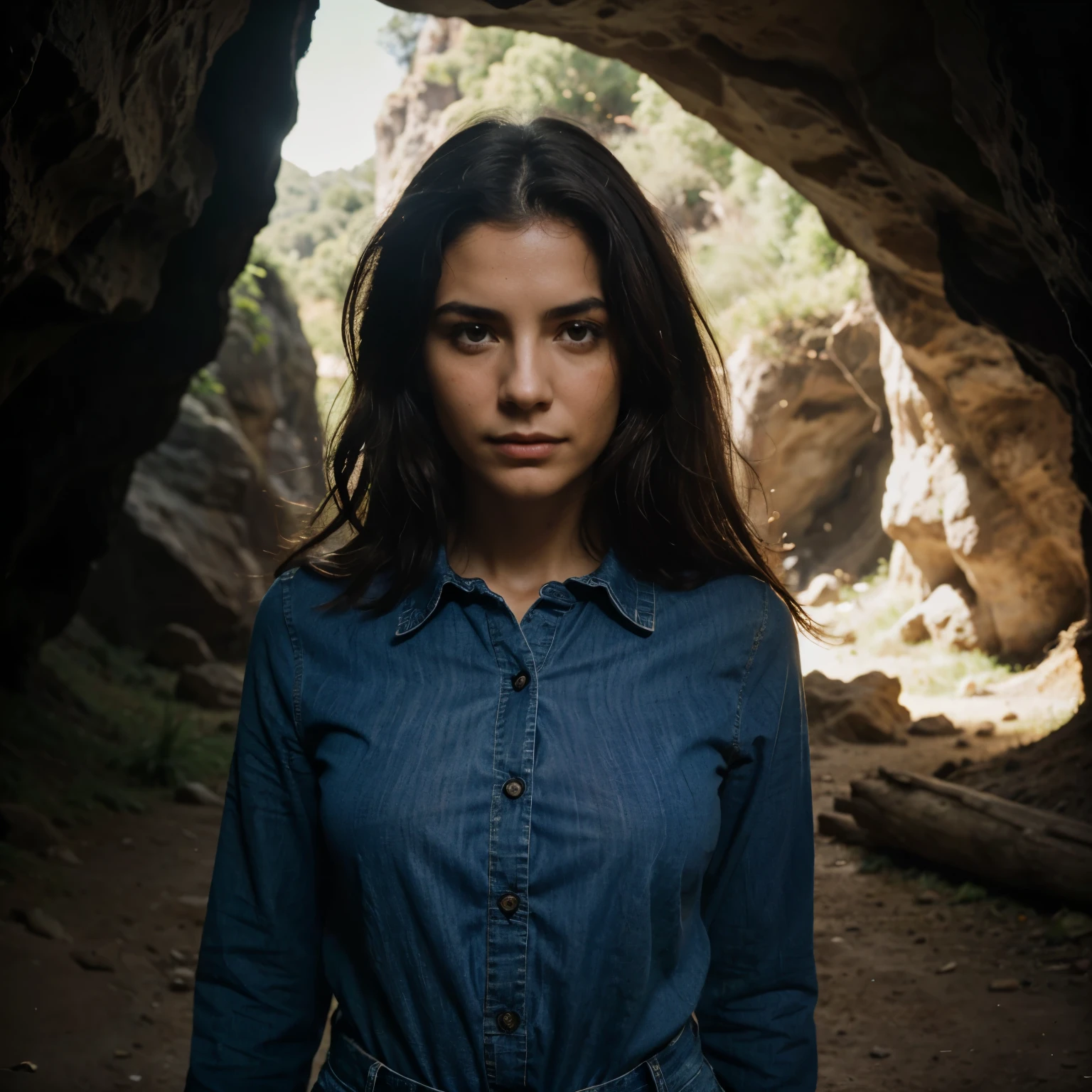 photograph of a woman, (happy facial expression), Piel texturizada, piel de ina, pelo rubio afro, camisa de franela a cuadros con jeans boyfriend desgastados, tiro de vaquero, dark and mysterious cave with unique rock formations and hidden wonders, ojos perfectos, (luz de una vela,chiaroscuro), Porta 160 color, disparo en ARRI ALEXA 65, bokeh, sharp focus on the subject, disparado por Don McCullin
